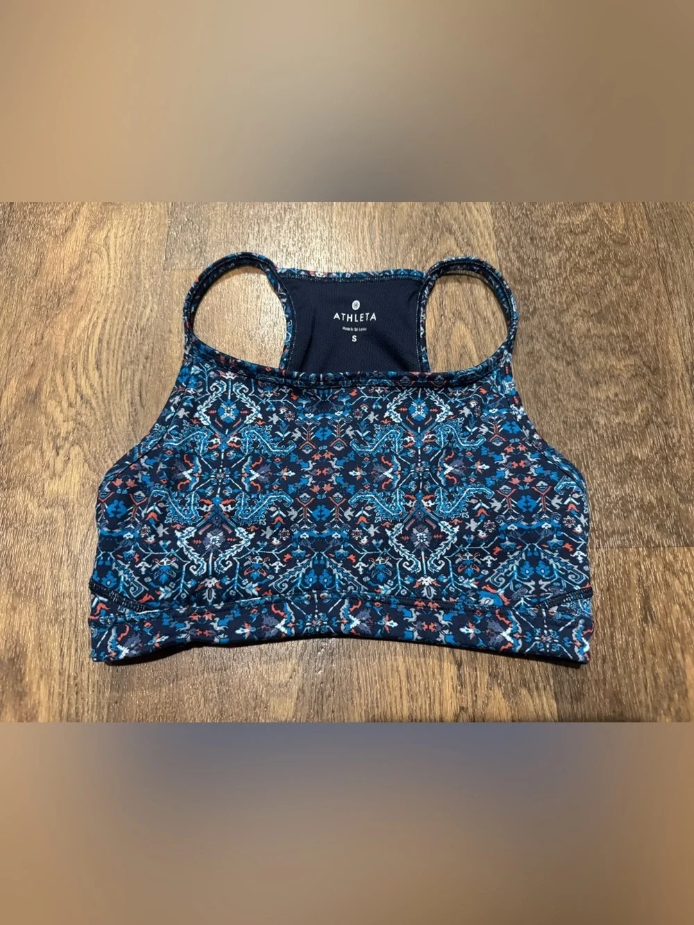 Athleta Blue Exhale Geometric Floral Strappy Back Sports Yoga Bra Size Small